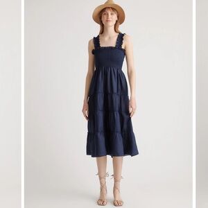 100% European Linen Smocked Midi Dress/M / Deep Navy